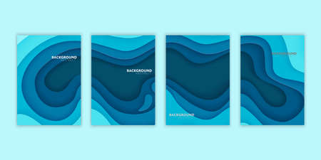 Vector set blue wave paper cut abstract background.のイラスト素材