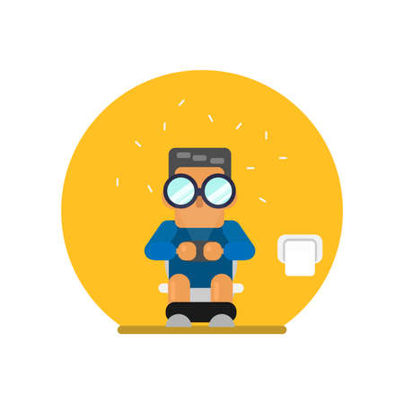 Vector a man sits on toilet bowl with phone in hands flat illustration design.のイラスト素材