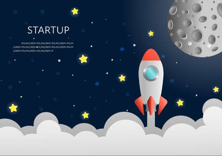 Vector rocket on the sky background. Business startup concept poster design.のイラスト素材