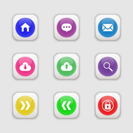 Vector set of shadow buttons icon home,search,upload,download,login,help,e-mail,next,prev.のイラスト素材