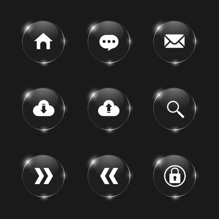 Vector set of glass  buttons icon-home,search,upload,download,login,help,e-mail,next,prev.のイラスト素材