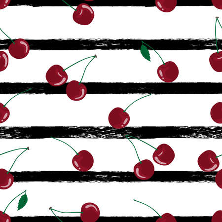 Vector illustration of cherry seamless pattern with grunge stripes texture.のイラスト素材