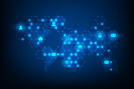 abstract world map with social media icons on a dark blue backgroundのイラスト素材