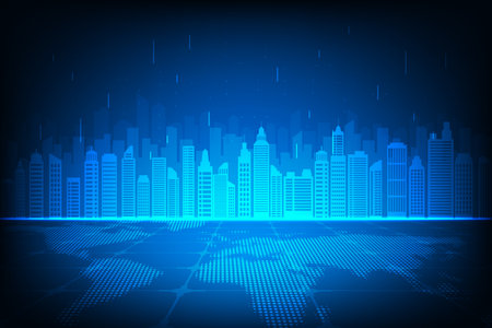 abstract futuristic city with light lines and dark blue background vector illustrationのイラスト素材
