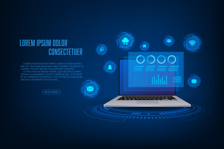 Vector laptop mockup witch icon. Communication and social media concept. Technology connecting abstract background.のイラスト素材