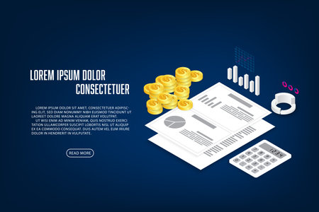 Vector isometric economics, finance documents, calculations, graph and coins. Creative design idea for infographics.のイラスト素材