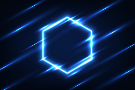 Vector hexagonal frame blue neon light on dark blue overlap design. Futuristic technology background.のイラスト素材