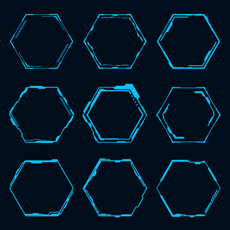 Vector futuristic hexagon element. HUD focus sci-fi circular design.のイラスト素材