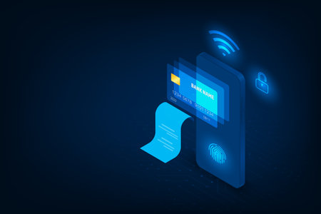 Vector isometric technology security internet banking app. Payment by credit card.のイラスト素材
