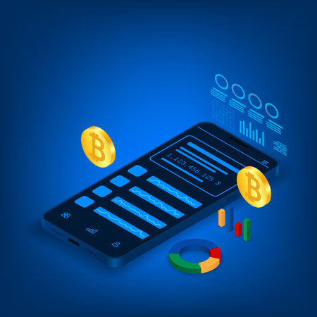 Vector finance and trading cryptocurrency online application concept. Mobilephone and graph hologram isometric.のイラスト素材