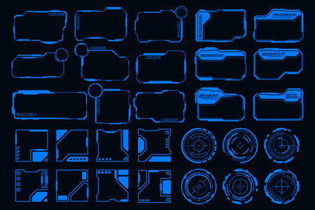 Vector set interface futuristic frame HUD technology cyberpunk design element. Technology Hi-tech element.のイラスト素材
