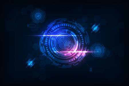 Vector futuristic fingerprint security system concept. Line icon fingerprint with tech circle on blue background.のイラスト素材