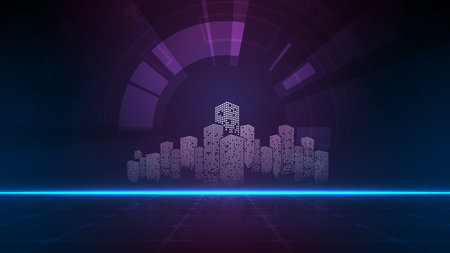 Futuristic abstract night landscape. Network and communication cyber city technology concept.のイラスト素材