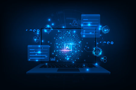 Artificial intelligence chip on a laptop monitor. Abstract digital technology innovation background.のイラスト素材