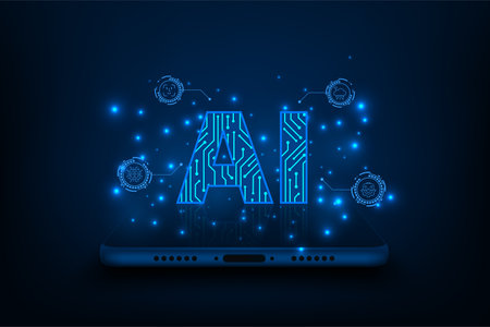 Artificial intelligence concept. Icons representing smart phone devices and connected technology.のイラスト素材