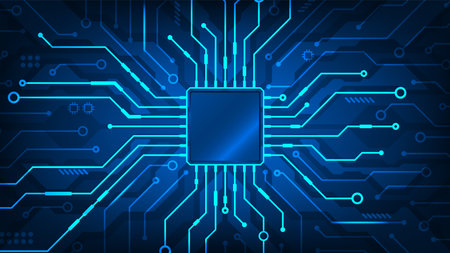 Futuristic microchip CPU circuit board blue light technology abstract backgroundのイラスト素材