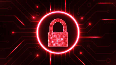 Central security lock with digital circuit, red core cyber protection conceptのイラスト素材