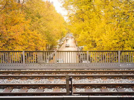 Tracks of sky train with beautiful yellow maple tree background in autumn season, Berlin, Germanyの写真素材