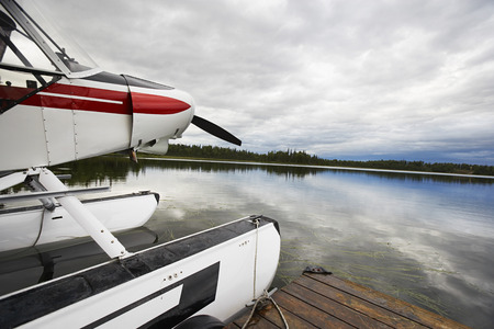 USA, Alaska, sea plane tied to pier, close upの写真素材