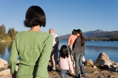 Family Walking at Lakeの写真素材