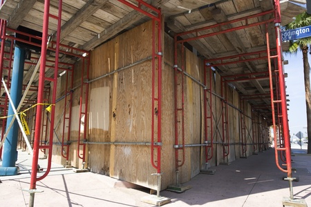 Scaffolding Around Boarded Up Propertyの写真素材