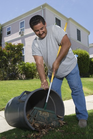 Man raking leaves in garden