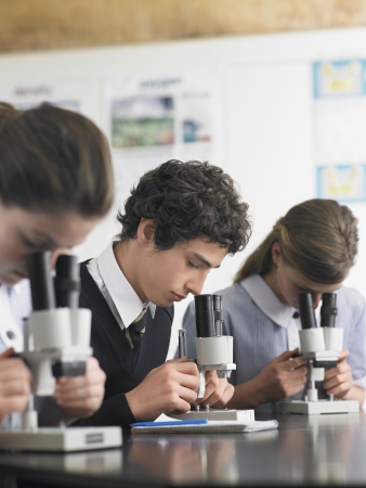 High School Students Using Microscopesの写真素材