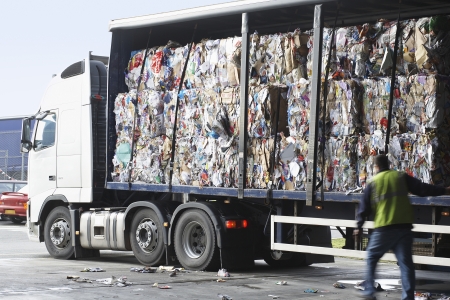 Stacks of recycled paper in lorry