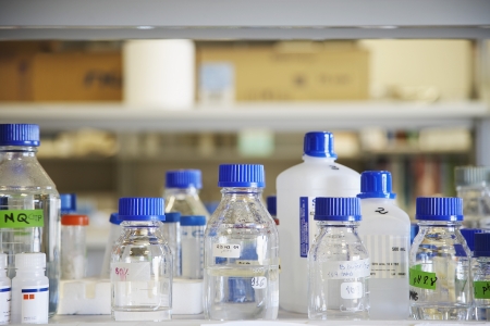 Bottles of chemicals in laboratoryの写真素材