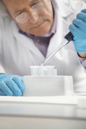 Scientist filling test tubes with pipette in laboratoryの写真素材