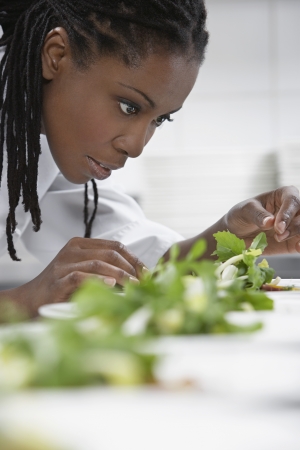 Female chef preparing salad in kitchenの写真素材