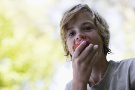 Portrait of boy (10-12) eating appleの写真素材