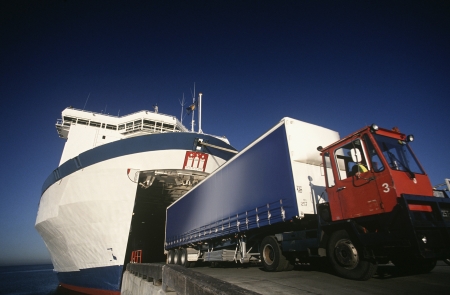 Truck exiting ferry Port Melbourne Victoria Australiaの写真素材