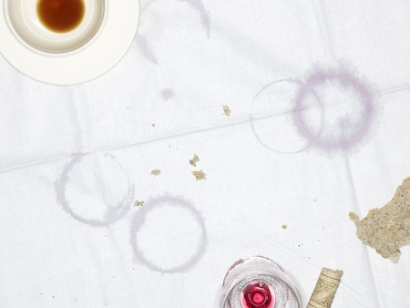 Table Cloth with Empty Cup and Glass and Moisture Ringsの写真素材