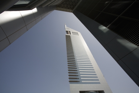 Dubai UAE View of Emirates Towers on Sheikh Zayed Road in Dubai