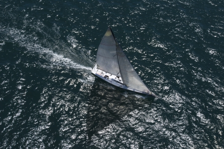 Yacht competes in team sailing event California aerial viewの写真素材