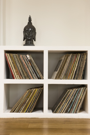 Vinyl records in shelfの写真素材