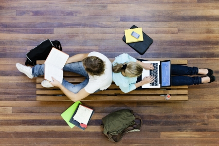 University students studying from aboveの写真素材