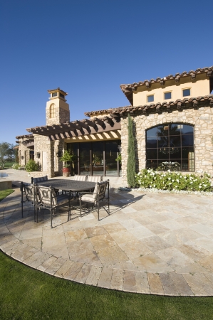 Paved dining area of Palm Springs haciendaの写真素材