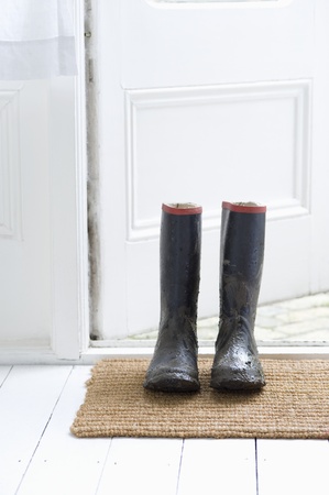 Muddy boots on door mat