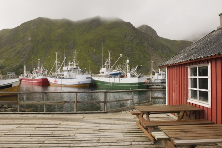 Fishing boats in harbour of Lofoten Islands Norwayの写真素材