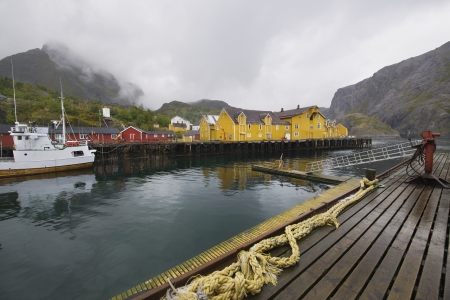 Fishing boat in harbour of Lofoten Islands Norwayの写真素材