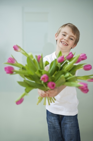 Smiling boy holding out tulip flowers against gray backgroundの写真素材