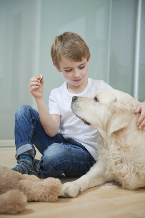 Relaxed boy sitting with his dog on floorの写真素材