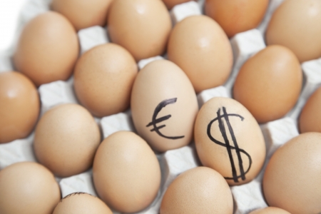 Dollar and euro sign on eggs surrounded by plain brown eggs in cartonの写真素材