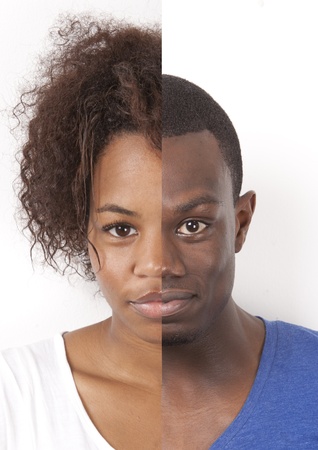 Human face made of African American man and woman against white background