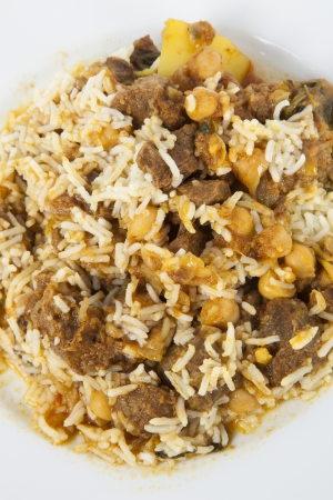 Close-up of rice and meat in plateの写真素材
