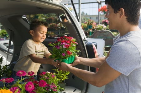 Father passing flowers to son in back of minivan at plant nurseryの写真素材