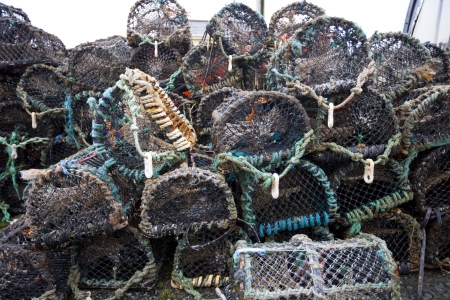 Front view of lobster and crab fishing potsの写真素材