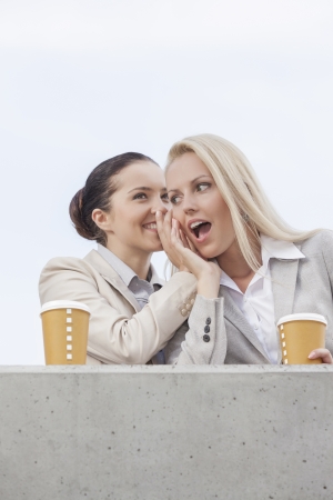 Low angle view of happy businesswomen with disposable coffee cups sharing secrets while standing on terrace against skyの写真素材